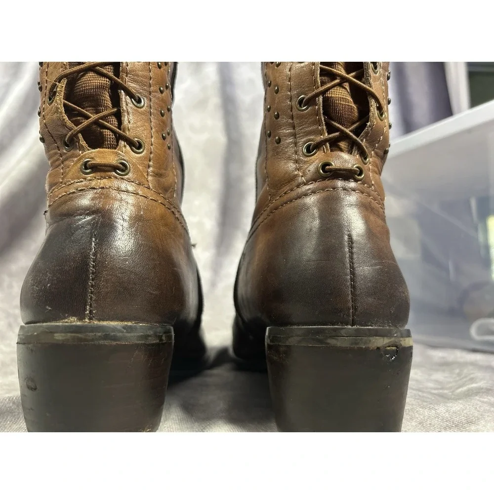 Arturo Chiang Womens 8M Brown Leather Knee High Riding Boots Studded Lace Up